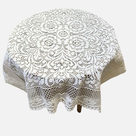 Small Square Tablecloth Cover Cream Lace Fabric Floral Design 34 x 35 Polyester - Picture 3 of 7